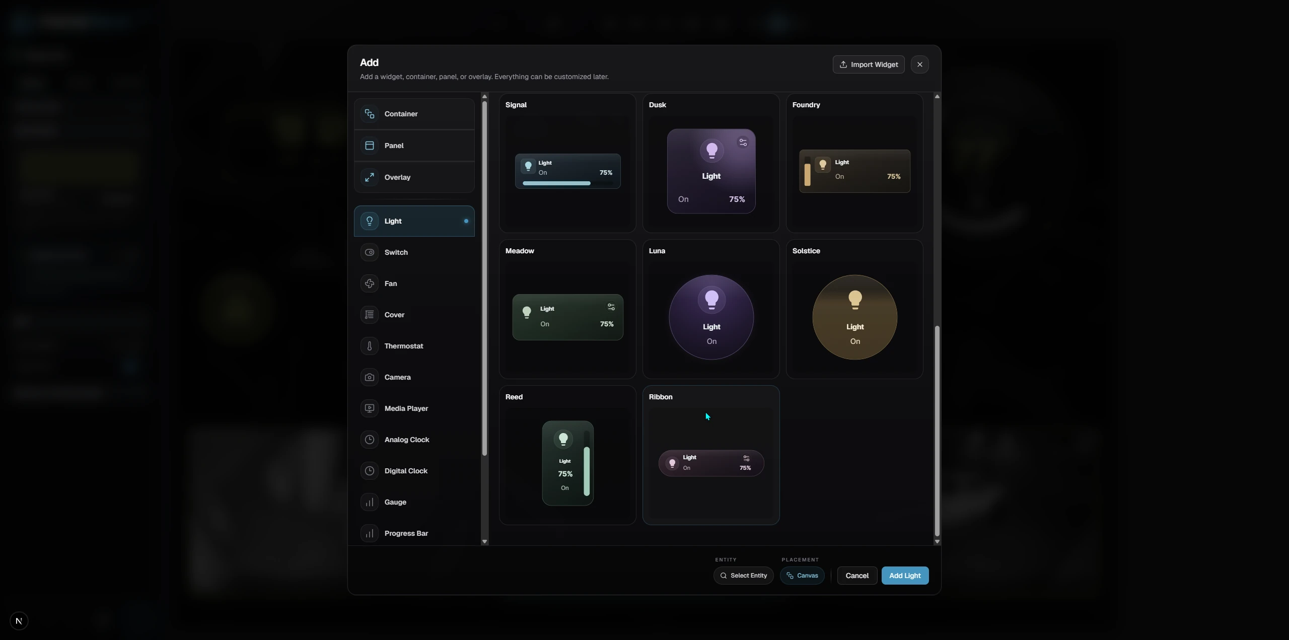 HomePanel Studio Add dialog with Light selected and presets showing different shapes, label positions, icons and brightness controls.