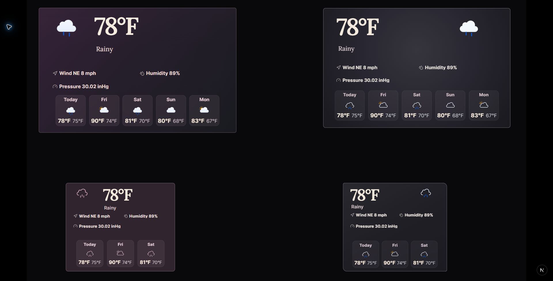 Two expanded and two compact Weather widgets with different arrangements of temperature, conditions and forecast.